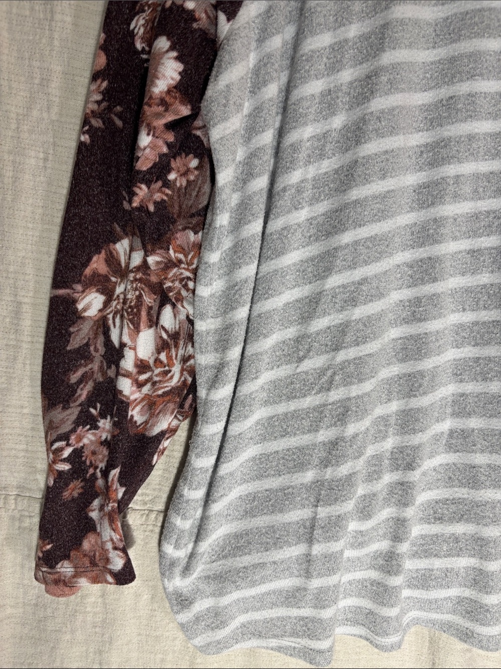 Gray Striped Long-Sleeve Raglan Tee with Brown Floral Sleeves - Picture 15 of 16